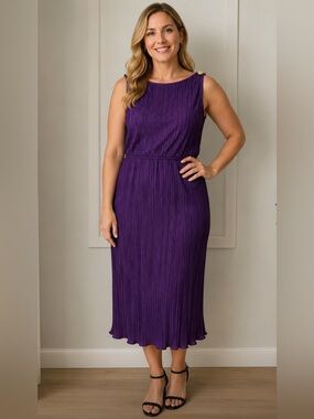 ST. JOHN Purple Pleated Formal Midi Dress with Gold Shoulder Details Size 14